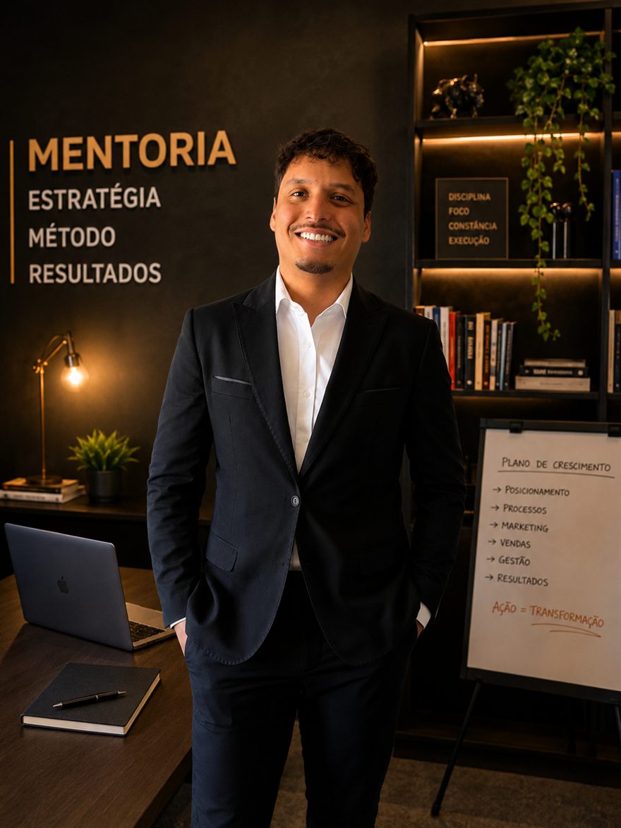 Matheus, mentor de restaurantes, no escritório